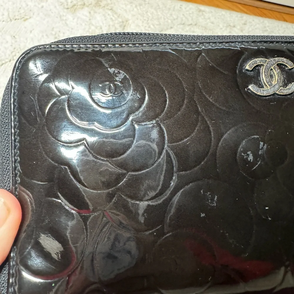 Authentic Chanel Camelia patent leather‎ zip around wallet long